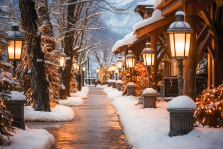 Lantern-lit path to in a mountain ski village resortの素材