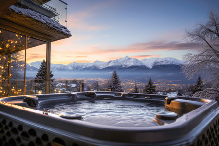 Hot bubbling tub with view of snow-covered mountain peaks.の素材