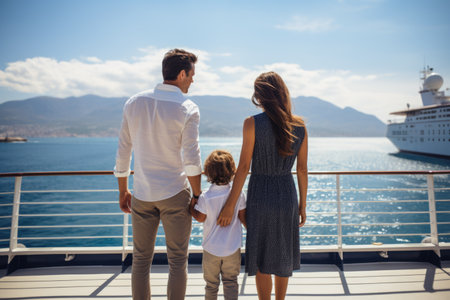 Rear view of a family on the cruise ship's deck during their voyage.の素材