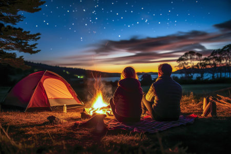 Couple on a camping trip, stargazing, tranquil night under the stars at a campsiteの素材