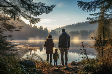 Family enjoys the serene beauty of nature in the mirror-like waters of a mountain lakeの素材