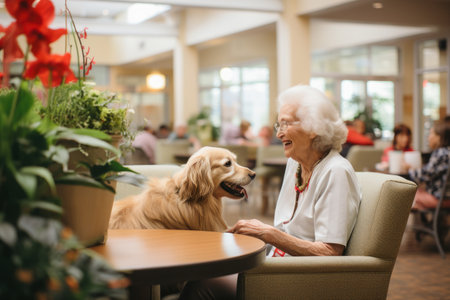 Senior Woman Bonding with Therapy Dogs in Nursing Home Common Area.の素材