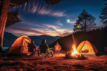 A group of friends enjoys a magical night camping under the starry sky.の素材