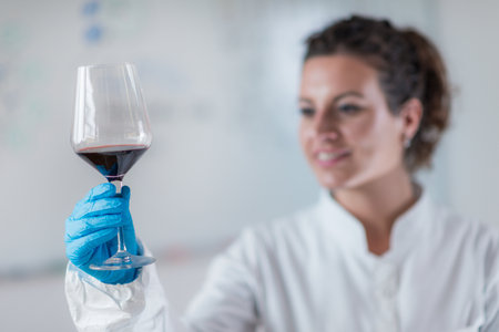 Examining red wine in a modern laboratory for quality controlの写真素材