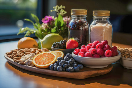 Longevity foods. Colorful, nutritious longevity foods or superfoods, known for promoting longevity on the table, in soft, natural light enhancing the freshnessの素材