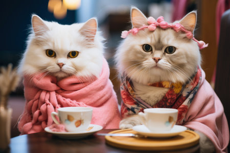 Adorable cats enjoy a relaxed atmosphere in a cozy cafe.の素材