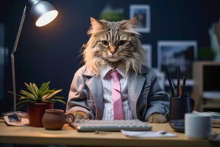 A stylish cat on a desk in a cozy workplace, adding feline charm to the office environmentの素材