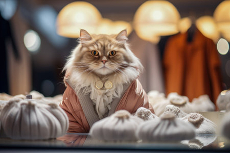 A trendy cat explores a stylish boutique, surrounded by chic clothing, setting new fashion trendsの素材