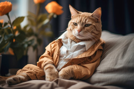 A warm and welcoming home scene with a contented cat enjoying a moment of relaxation on a comfortable couchの素材