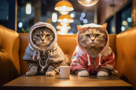 Adorable cats enjoy a relaxed atmosphere in a cozy cafe.の素材