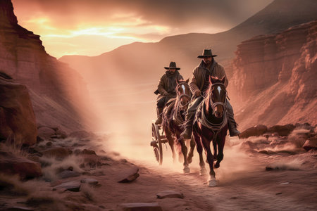 Capturing the rugged essence of the Wild West, cowboys in the golden sun rays embody the adventurous spirit of the lawless frontierの素材
