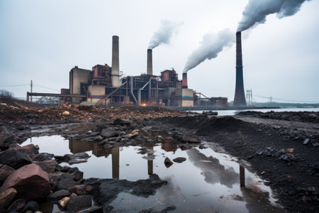 Coal plant pollution hazard. Emitting fumes and smoke, coal power plant's impact on the environment is highlighted, signaling the consequences of continued fossil fuel usageの素材
