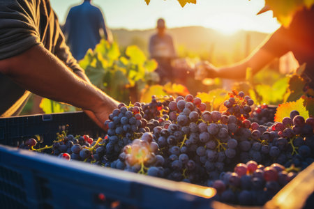 Vineyard workers meticulously picking ripe grapes amidst the scenic beauty of the vineyardの素材
