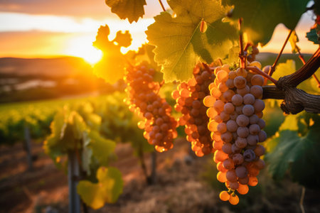 Sunset in a vineyard. Tranquil beauty of the vineyard at sunset during the golden hourの素材