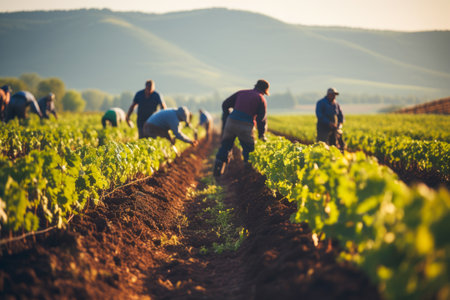 Vineyard with rows of grapevines and diligent vineyard workersの素材