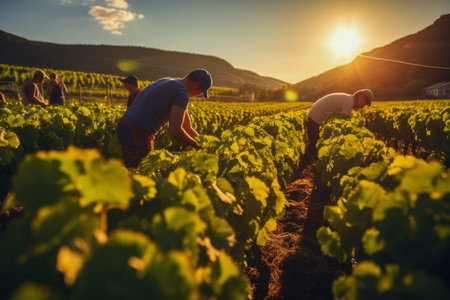 Vineyard with rows of grapevines and diligent vineyard workersの素材
