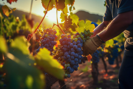 Vineyard workers meticulously picking ripe grapes amidst the scenic beauty of the vineyardの素材
