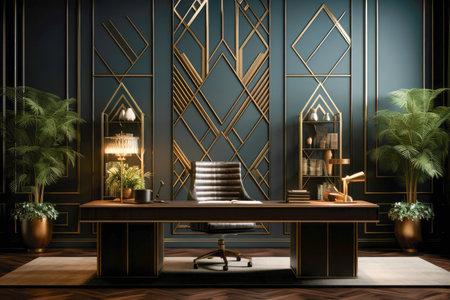 Art Deco stylish home office, where bold geometric patterns and gleaming metallic accents exude sophistication and glamour.の素材