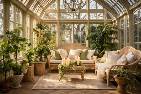 Victorian conservatory, with lush greenery cascading from every corner, creating a tranquil oasis bathed in sunlightの素材