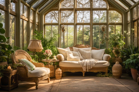 Victorian conservatory, with lush greenery cascading from every corner, creating a tranquil oasis bathed in sunlightの素材