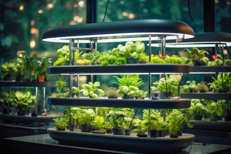 Futuristic LED lighting cultivating a small growing garden in a futuristic home.の素材