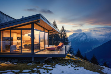 Stunning prefabricated house nestled amidst a majestic mountain landscape. The house's design blends seamlessly with its natural surroundingsの素材
