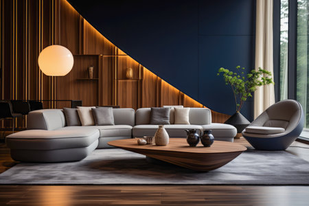 Modern sophistication with modern living room, where sleek lines, minimalist decor and a touch of contemporary flair create an inviting and stylish retreat.の素材