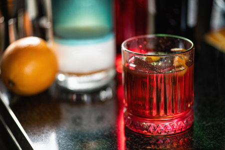 Classic Negroni cocktail, showcasing the perfect balance of gin, vermouth, and red alcoholic bitter...