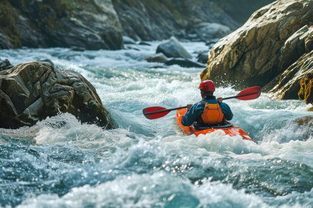 Creeking or whitewater kayaking in narrow river rapidsの素材