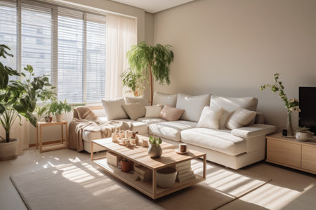 Simplicity of a small apartment adorned with minimalistic furniture, white tones, and abundant natural lighting for a serene and modern living experienceの素材