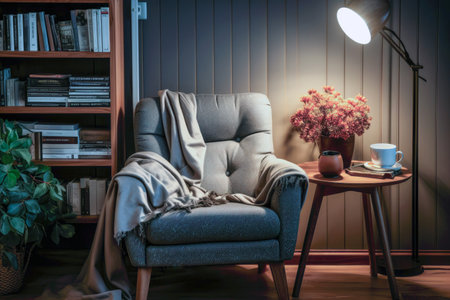 Cozy nook beckons with an inviting armchair, bathed in the gentle glow of ambient lighting.の素材