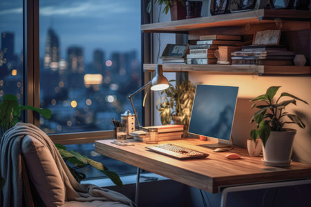 Compact home office in a small apartment, showcasing efficient desk solutions and modern decor for a stylish and productive workspaceの素材