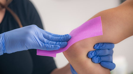 Skilled beautician removes unwanted hair from a female arm using wax strips, unveiling a smooth and flawless resultの写真素材