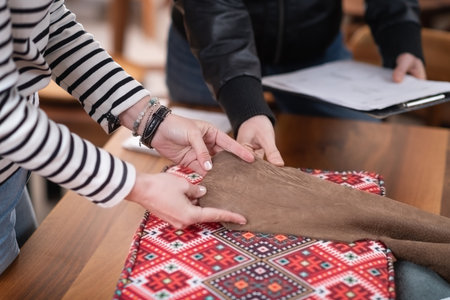 Furniture design. Two skilled furniture designers select distinct leather materials, bringing a touch of innovation and elegance to their latest furniture designs.の写真素材