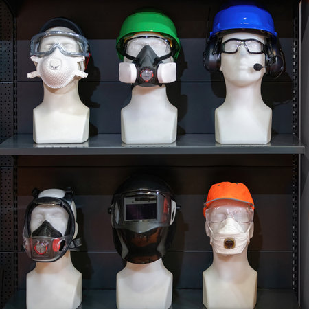 A mannequin displays comprehensive safety gear, including a hard hat, ear protection, tinted safety glasses, and a welding helmet, ideal for industrial and construction safety demonstrations.の写真素材