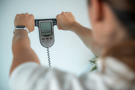 Woman standing on body scale for weight measurement.の写真素材