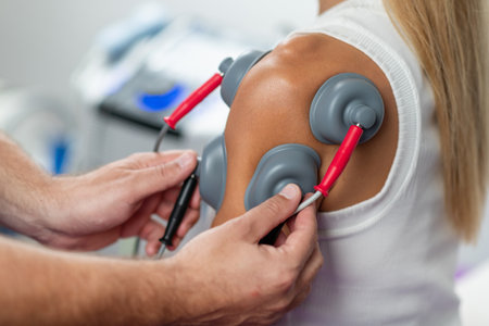 Physical therapist using vacuum therapy on the shoulder relieves muscle tension, improves blood...