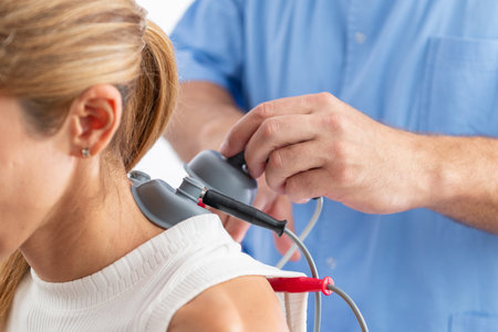 physical therapist using vacuum therapy on the lower neck helps reduce muscle tension, improve blood...