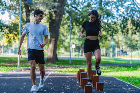 Couple exercising on wooden hurdles in a scenic park, combining balance, coordination, and fitness training. The serene outdoor setting emphasizes teamwork, health, and an active lifestyle.の写真素材