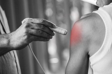 A physical therapist performs laser therapy on a patients shoulder to reduce pain, decrease inflammation, and promote tissue healing, aiding in faster recovery and improved mobilityの写真素材