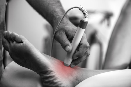 A physical therapist uses laser therapy on a patients ankle to reduce pain and promote healing. The laser device is focused on the injured area during a therapy sessionの写真素材