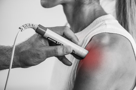 A physical therapist performs laser therapy on a patients shoulder to reduce pain, decrease inflammation, and promote tissue healing, aiding in faster recovery and improved mobilityの写真素材