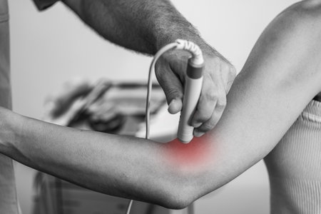 A physical therapist uses laser therapy on a patients elbow to alleviate pain and accelerate...