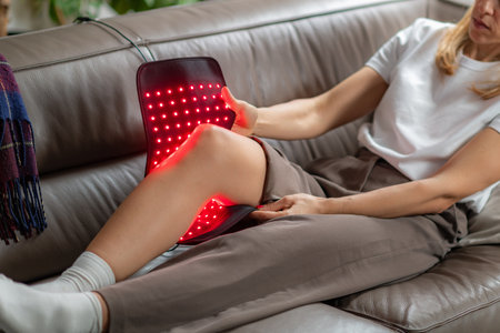 Red light therapy pad used at home eases a womans knee pain from arthritis or injury. It boosts blood flow and aids tissue healing, improving mobility and comfort with non invasive care.の写真素材