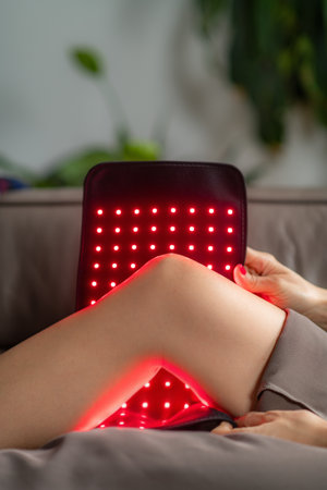 Red light therapy pad on the knee eases soreness from injury or chronic conditions. It stimulates blood flow and promotes tissue healing, enhancing comfort and joint mobility with non-invasive treatment.の写真素材