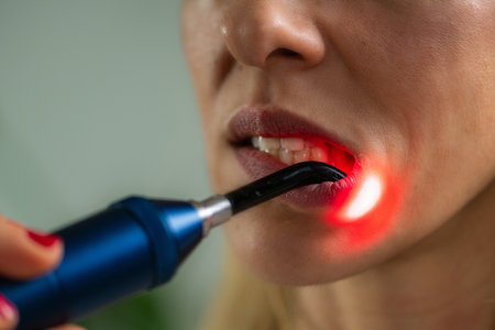 Red light therapy in the mouth reduces inflammation and promotes tissue repair. It enhances circulation, supporting faster healing and improved oral health with non-invasive care.の写真素材