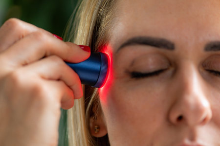 Red light therapy applied to the head reduces scalp inflammation and promotes hair growth. It enhances blood flow and tissue repair, supporting overall scalp vitality and comfort.の写真素材