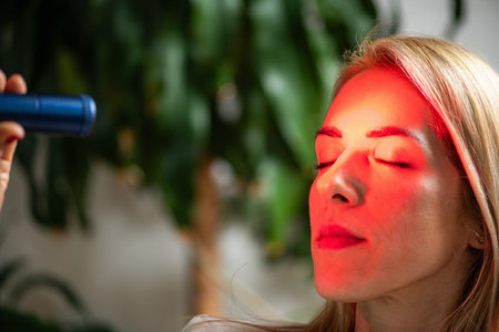 Woman during a red light therapy skincare session, known for boosting collagen, reducing wrinkles,...