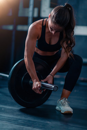 Barbell prep with added weights engages a woman, preparing for training to boost strength and...