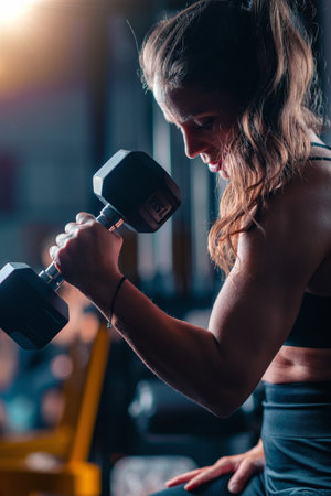 Dumbbell workout for biceps involves a woman, training to enhance muscle strength in a dedicated gym...